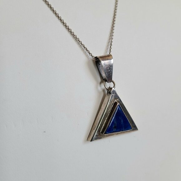 Lapis Lazuli and sterling silver triangular necklace on chain. - Picture 9 of 10